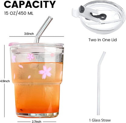 Glass Cups With Lids And Straws, Matcha Cup, Iced Coffee Cup,13Oz/400ml Iced Coffee Glasses Tumbler, Thick Wall Glass Mug For Tea Water, Cute Chirstmas Gifts (Clear,1PCS)