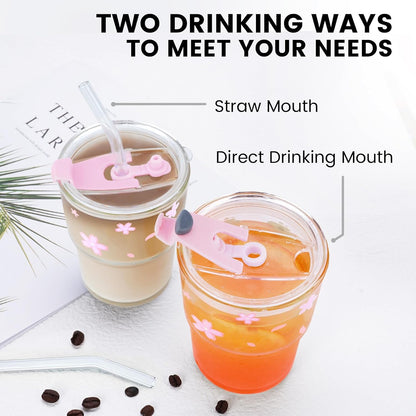 Glass Cups With Lids And Straws, Matcha Cup, Iced Coffee Cup,13Oz/400ml Iced Coffee Glasses Tumbler, Thick Wall Glass Mug For Tea Water, Cute Chirstmas Gifts (Clear,1PCS)