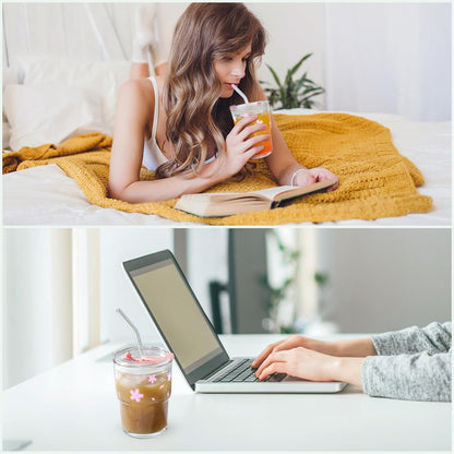 Glass Cups With Lids And Straws, Matcha Cup, Iced Coffee Cup,13Oz/400ml Iced Coffee Glasses Tumbler, Thick Wall Glass Mug For Tea Water, Cute Chirstmas Gifts (Clear,1PCS)