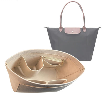 Felt Handbag Organizer Insert, Divider Bag Liner Fit Longchamp Le Pliage Tote, Shape Retaining Purse OrganizerY012-beige-L