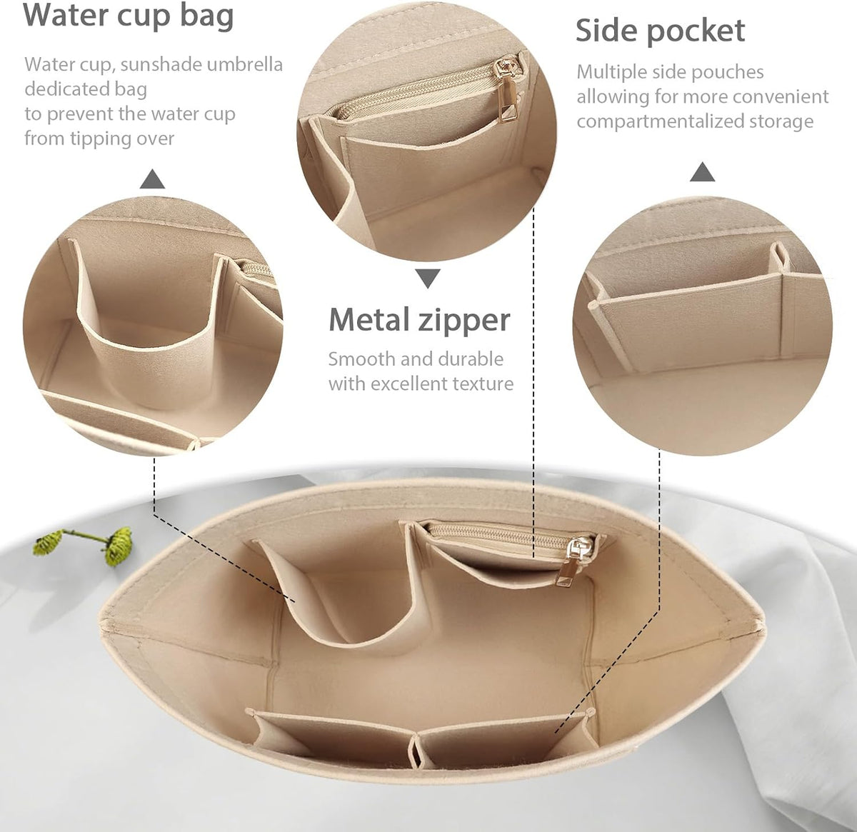 Felt Handbag Organizer Insert, Divider Bag Liner Fit Longchamp Le Pliage Tote, Shape Retaining Purse OrganizerY012-beige-L