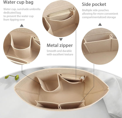 Felt Handbag Organizer Insert, Divider Bag Liner Fit Longchamp Le Pliage Tote, Shape Retaining Purse OrganizerY012-beige-L
