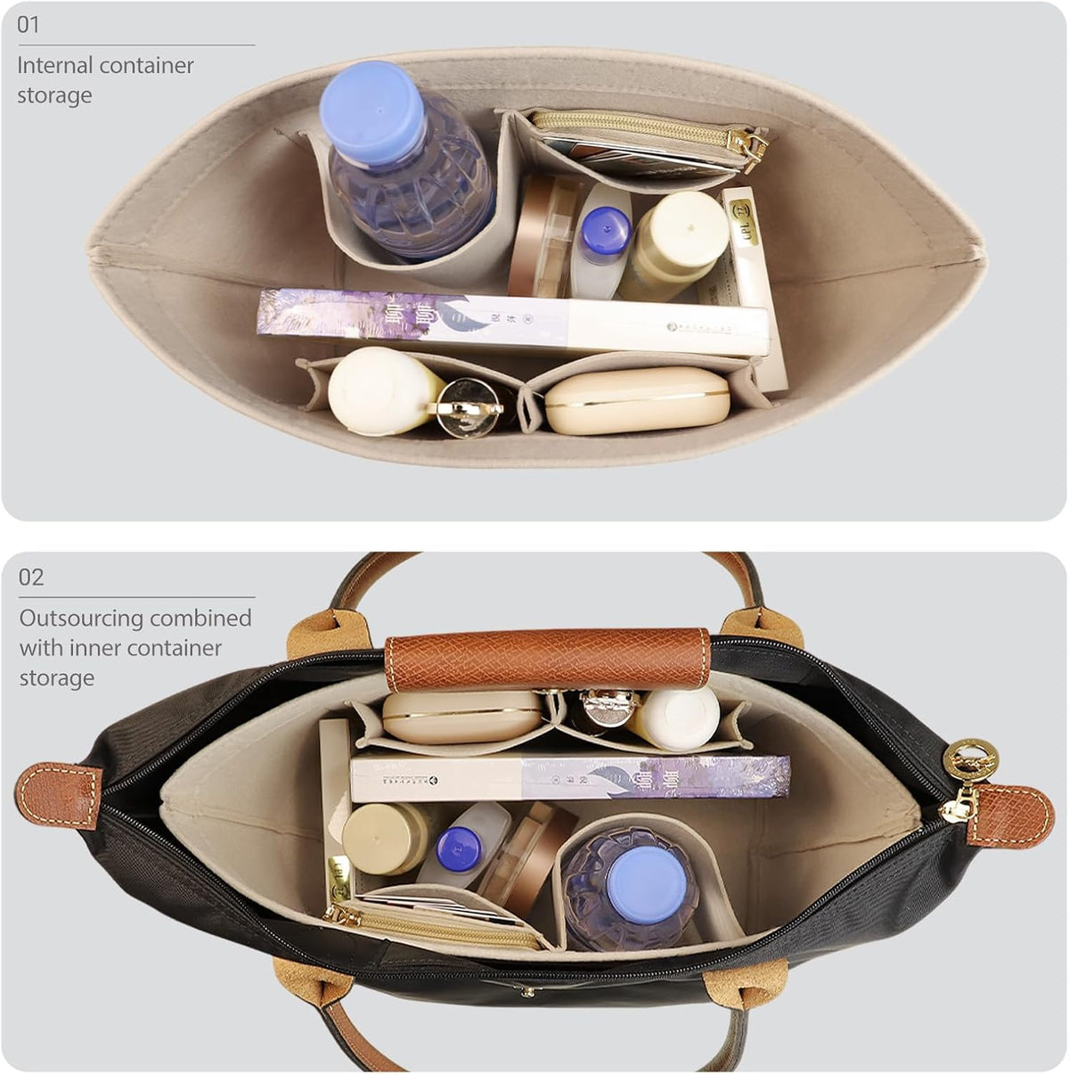 Felt Handbag Organizer Insert, Divider Bag Liner Fit Longchamp Le Pliage Tote, Shape Retaining Purse OrganizerY012-beige-L