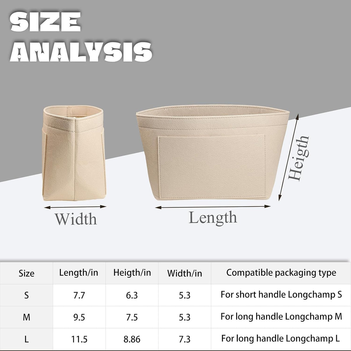 Felt Handbag Organizer Insert, Divider Bag Liner Fit Longchamp Le Pliage Tote, Shape Retaining Purse OrganizerY012-beige-L