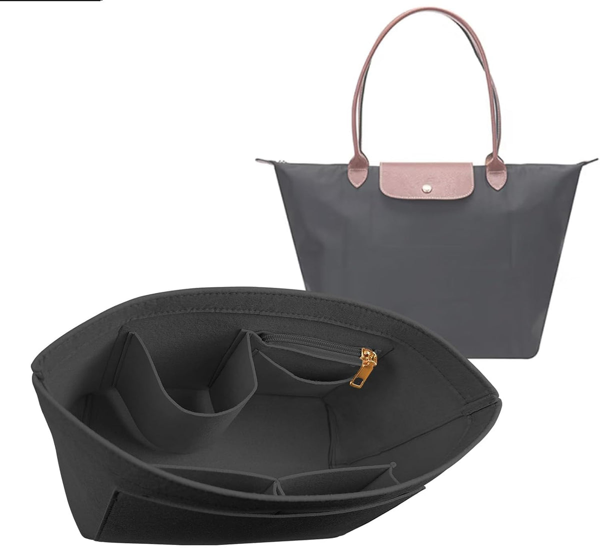 Felt Handbag Organizer Insert, Divider Bag Liner Fit Longchamp Le Pliage Tote, Shape Retaining Purse OrganizerY012-beige-L