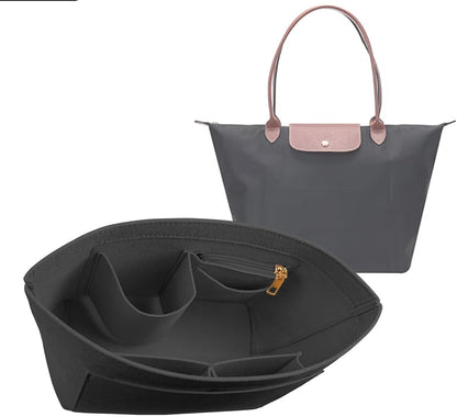 Felt Handbag Organizer Insert, Divider Bag Liner Fit Longchamp Le Pliage Tote, Shape Retaining Purse OrganizerY012-beige-L