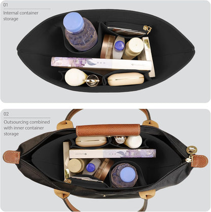 Felt Handbag Organizer Insert, Divider Bag Liner Fit Longchamp Le Pliage Tote, Shape Retaining Purse OrganizerY012-beige-L
