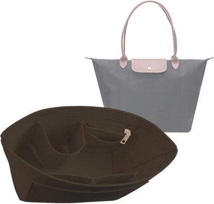 Felt Handbag Organizer Insert, Divider Bag Liner Fit Longchamp Le Pliage Tote, Shape Retaining Purse OrganizerY012-beige-L