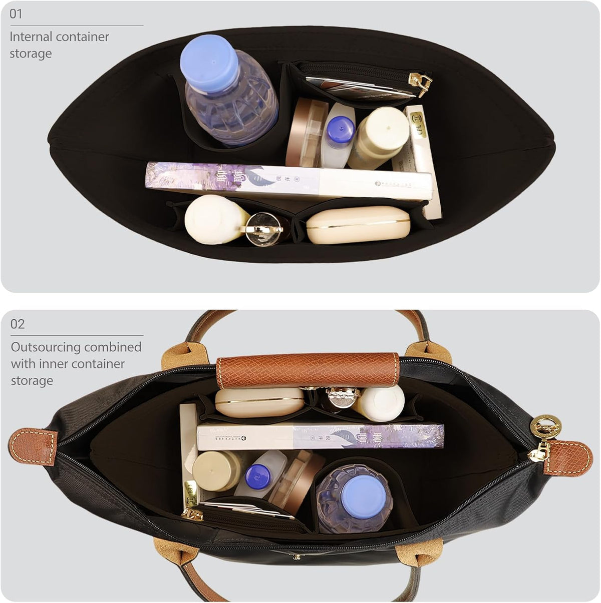 Felt Handbag Organizer Insert, Divider Bag Liner Fit Longchamp Le Pliage Tote, Shape Retaining Purse OrganizerY012-beige-L