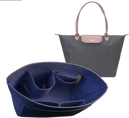 Felt Handbag Organizer Insert, Divider Bag Liner Fit Longchamp Le Pliage Tote, Shape Retaining Purse OrganizerY012-beige-L
