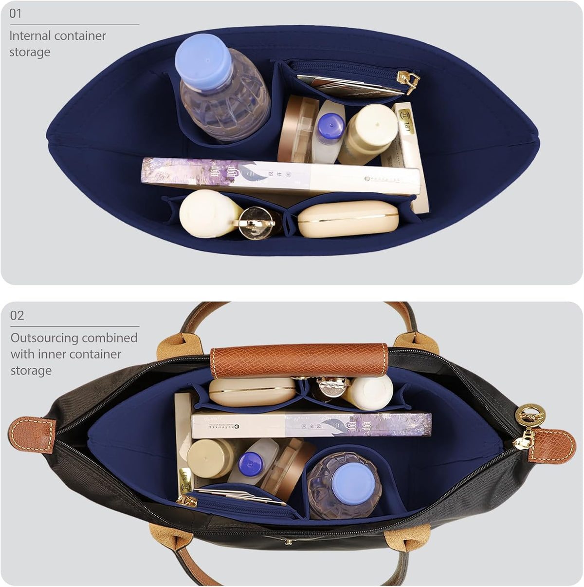 Felt Handbag Organizer Insert, Divider Bag Liner Fit Longchamp Le Pliage Tote, Shape Retaining Purse OrganizerY012-beige-L