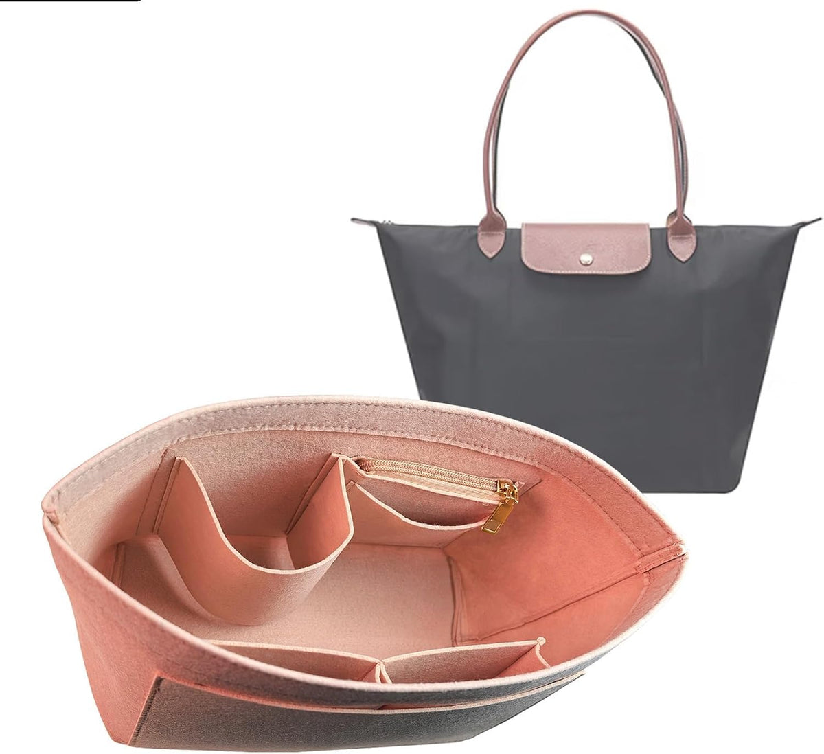 Felt Handbag Organizer Insert, Divider Bag Liner Fit Longchamp Le Pliage Tote, Shape Retaining Purse OrganizerY012-beige-L