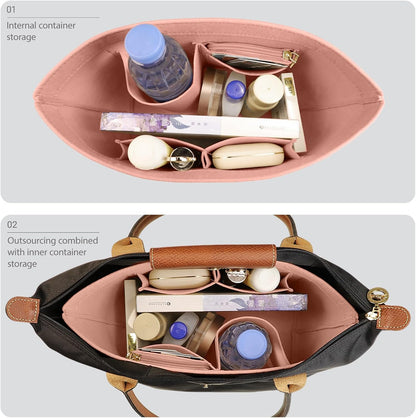 Felt Handbag Organizer Insert, Divider Bag Liner Fit Longchamp Le Pliage Tote, Shape Retaining Purse OrganizerY012-beige-L