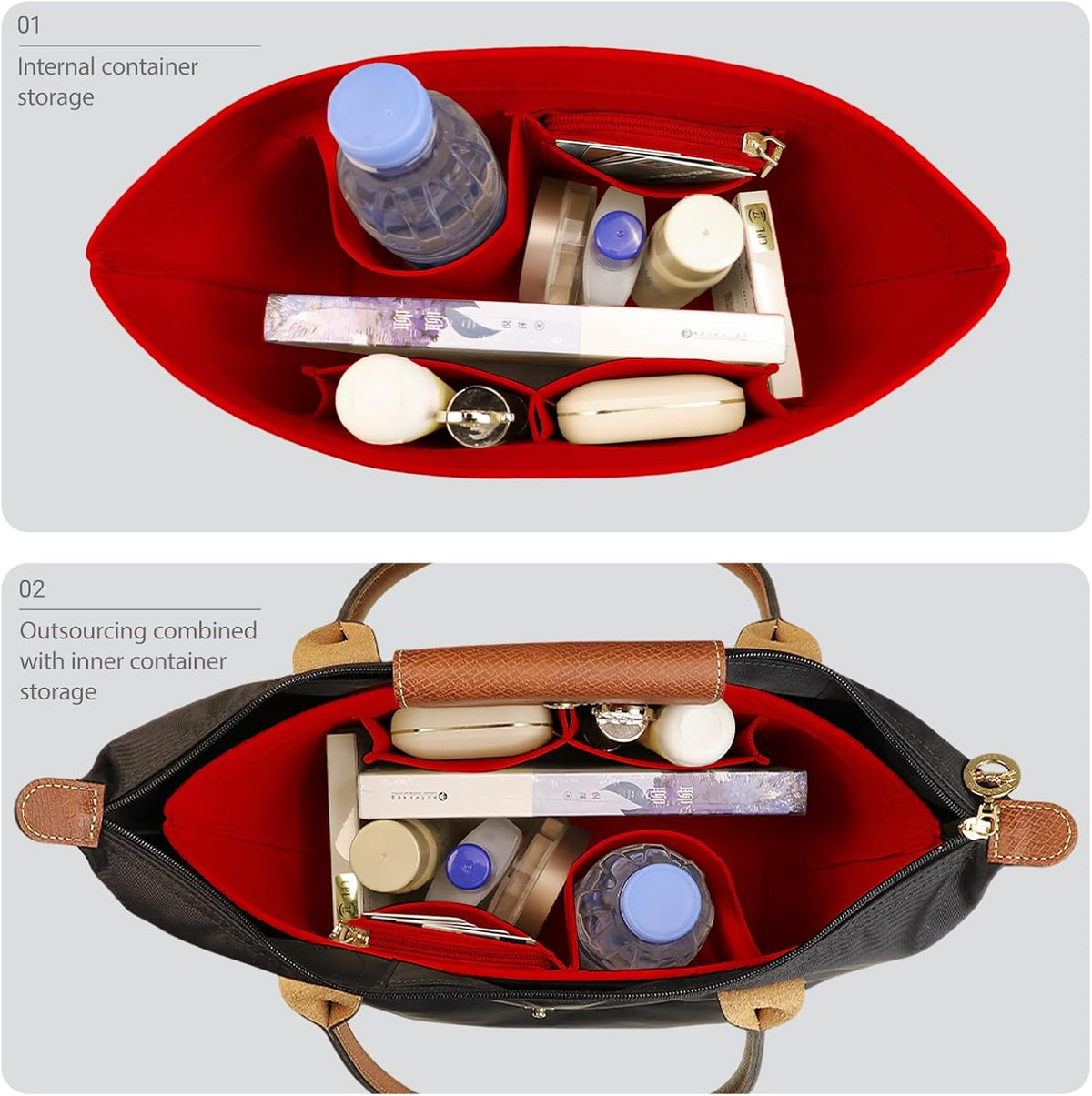 Felt Handbag Organizer Insert, Divider Bag Liner Fit Longchamp Le Pliage Tote, Shape Retaining Purse OrganizerY012-beige-L