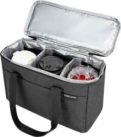 Reusable 3-Cup Drink Carrier, Insulated Cooler Bag | Lightweight, 4-layer Insulation, Removeable Dividers, Multiple Pockets, For Delivery, Picnics and Travel