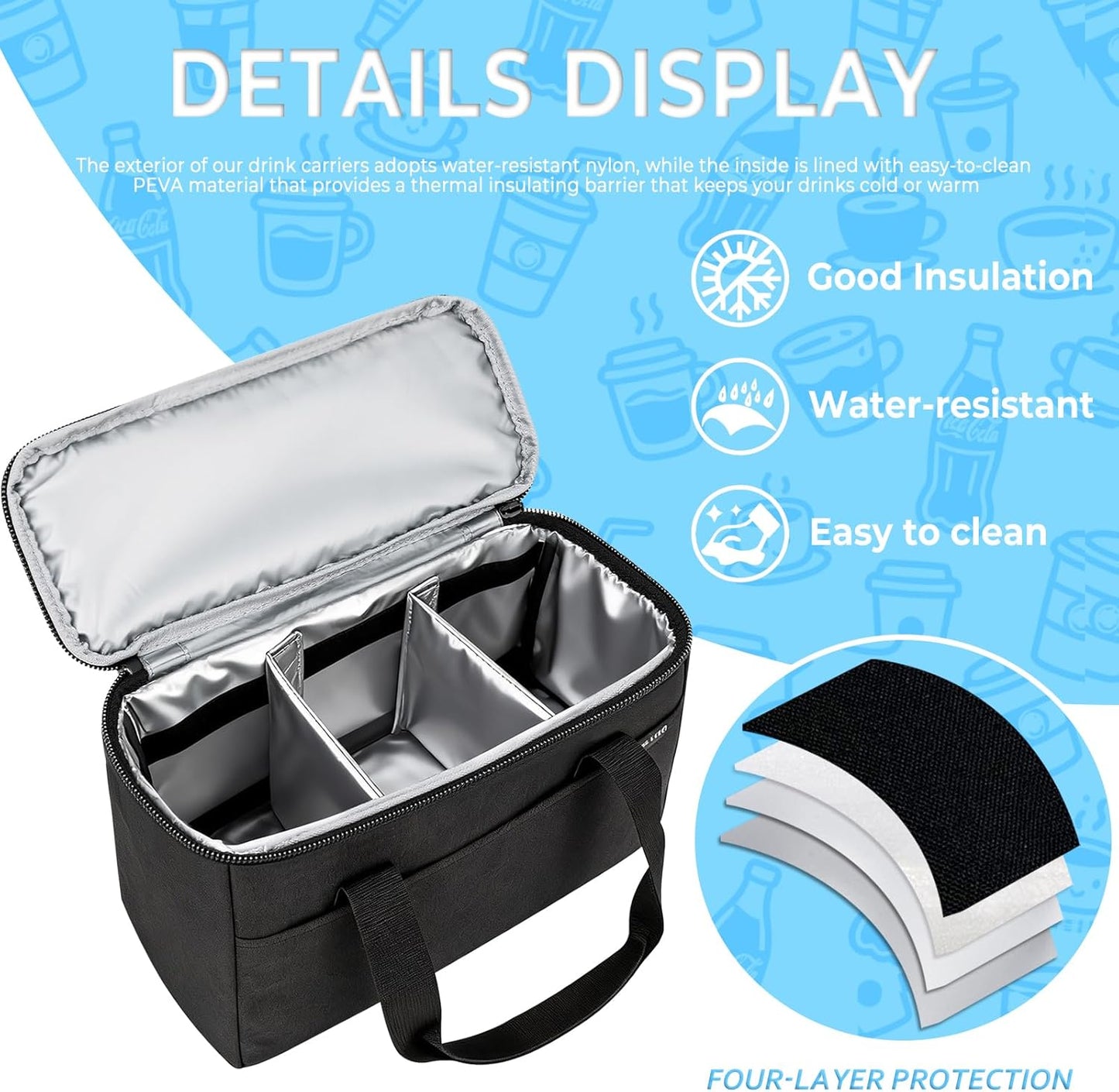 Reusable 3-Cup Drink Carrier, Insulated Cooler Bag | Lightweight, 4-layer Insulation, Removeable Dividers, Multiple Pockets, For Delivery, Picnics and Travel