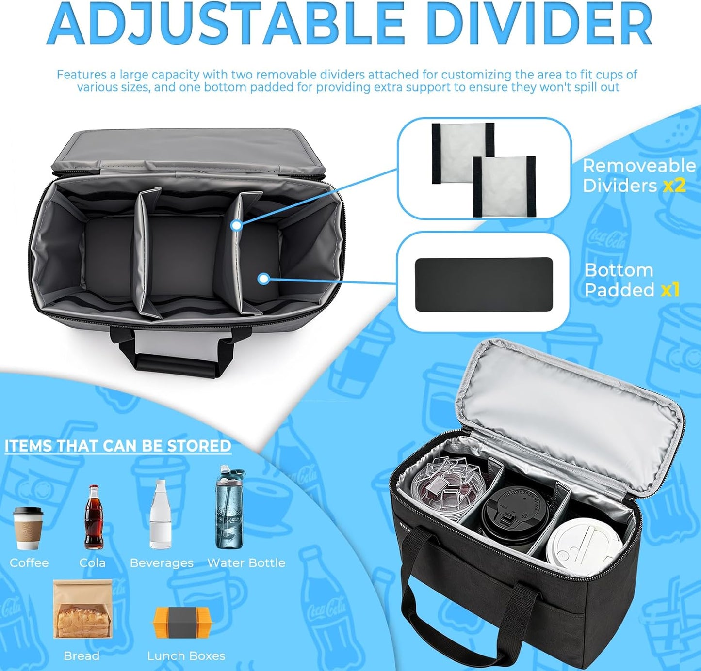Reusable 3-Cup Drink Carrier, Insulated Cooler Bag | Lightweight, 4-layer Insulation, Removeable Dividers, Multiple Pockets, For Delivery, Picnics and Travel