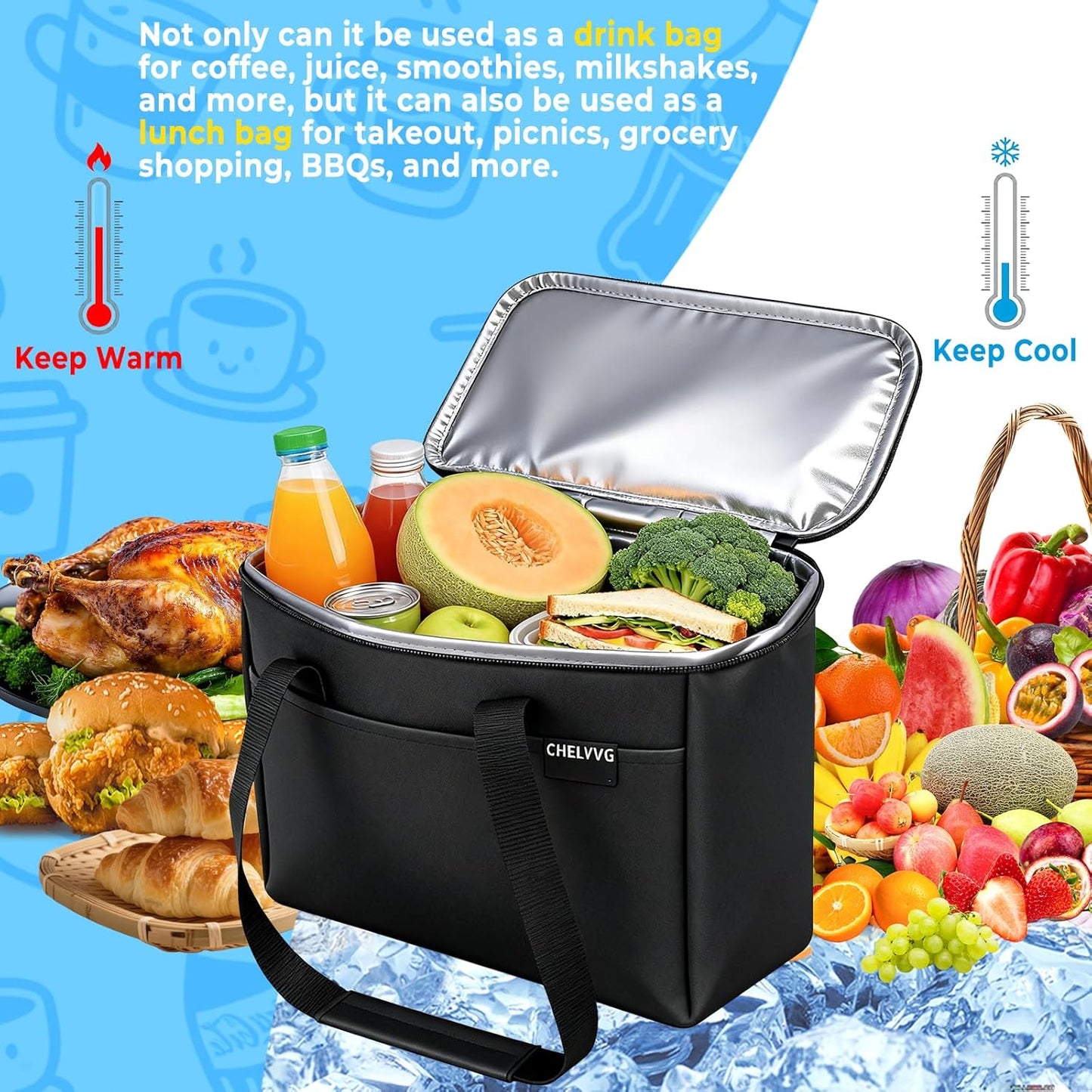 Reusable 3-Cup Drink Carrier, Insulated Cooler Bag | Lightweight, 4-layer Insulation, Removeable Dividers, Multiple Pockets, For Delivery, Picnics and Travel