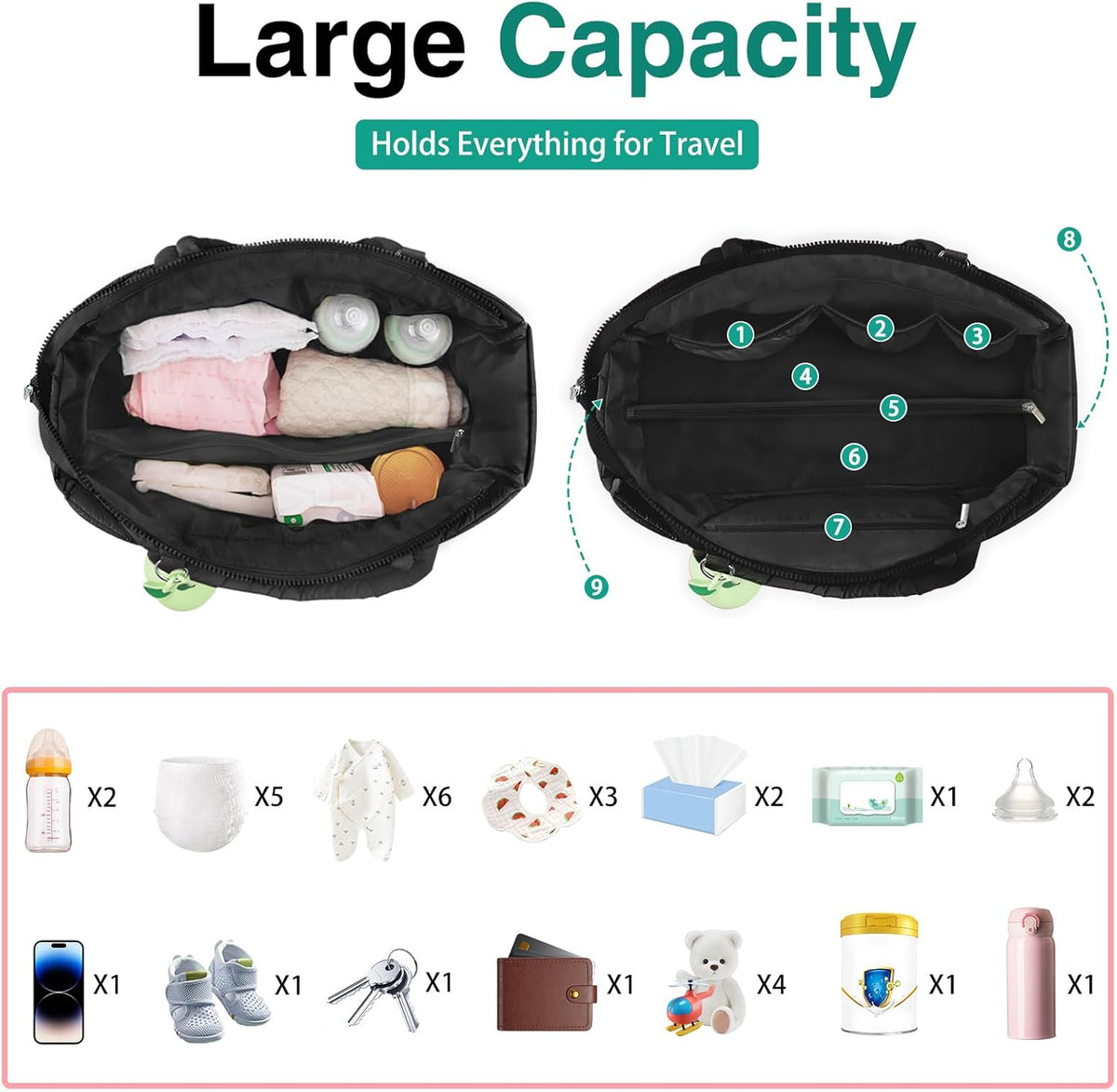 Diaper Bag Tote, Puffer Diaper Tote Bags for Women Lightweight Travel Work Hospital Baby Bag Crossbody Mommy Bag