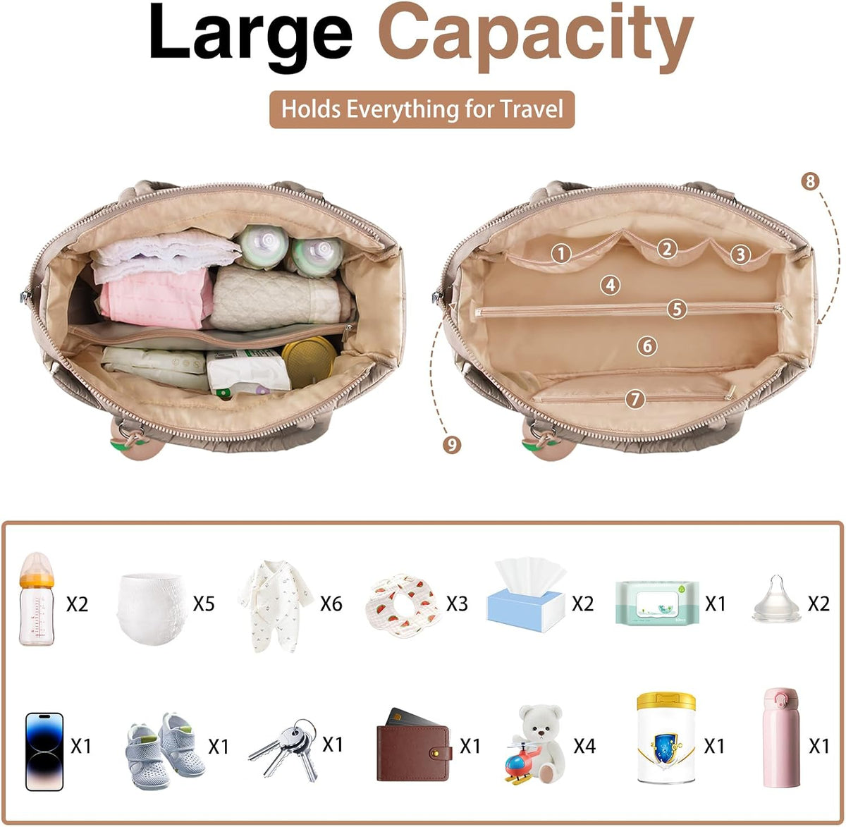 Diaper Bag Tote, Puffer Diaper Tote Bags for Women Lightweight Travel Work Hospital Baby Bag Crossbody Mommy Bag