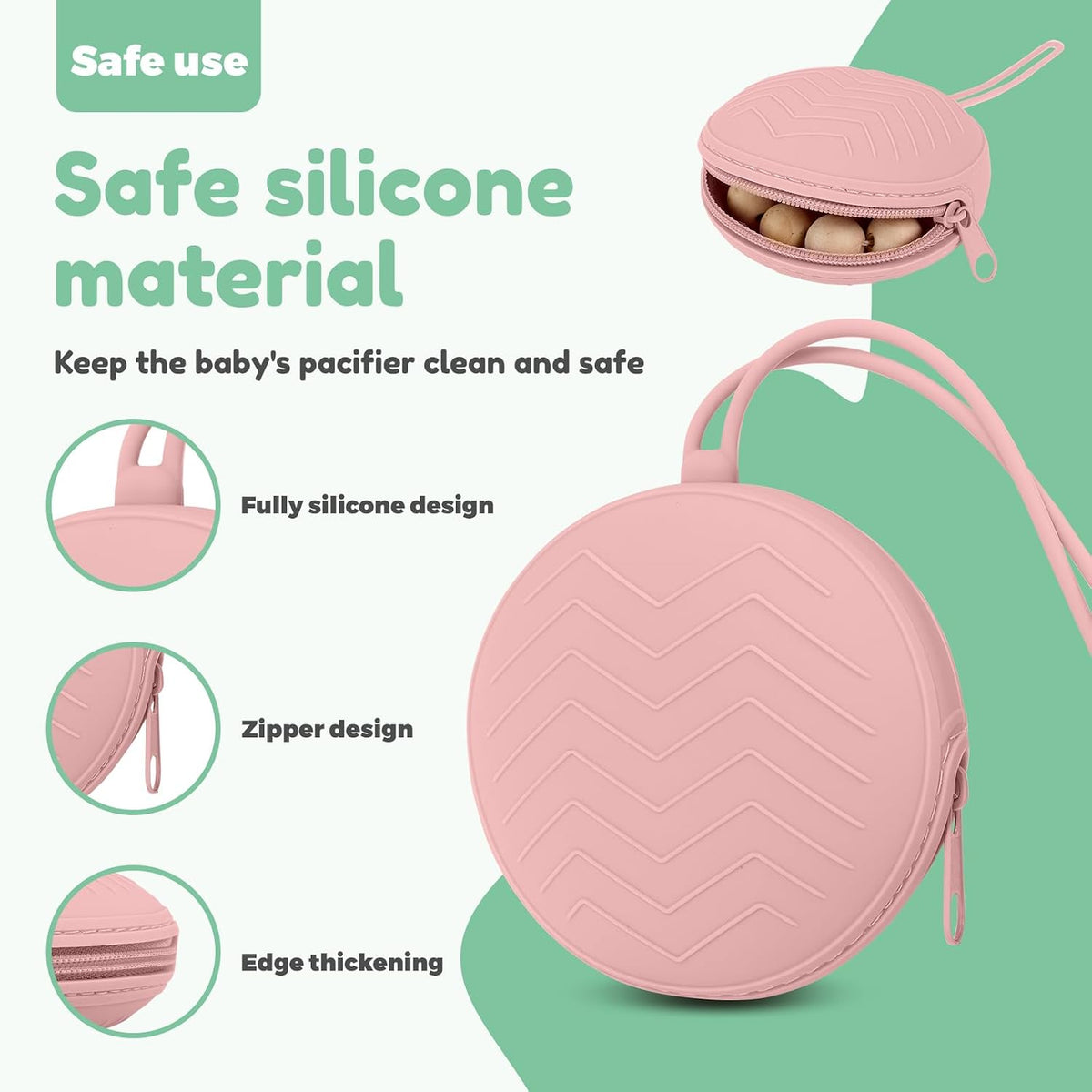 Silicone Pacifier Holder Case, Portable Leakproof Design Baby Pacifier Storage Case, Newborn Baby Silicone Pouch for Boys & Girls, Easy Clean (Pink)