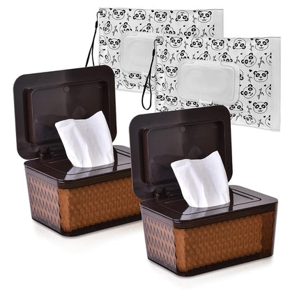 Wipes Dispenser & Pouch/Tissue Bag, Wipes/Tissue Case with Moisture Seal Secure Lid, Non-Slip Rubber Feet & Sealing Design Keeps Wipes Fresh, Dustproof Container (2BN+2Panda)