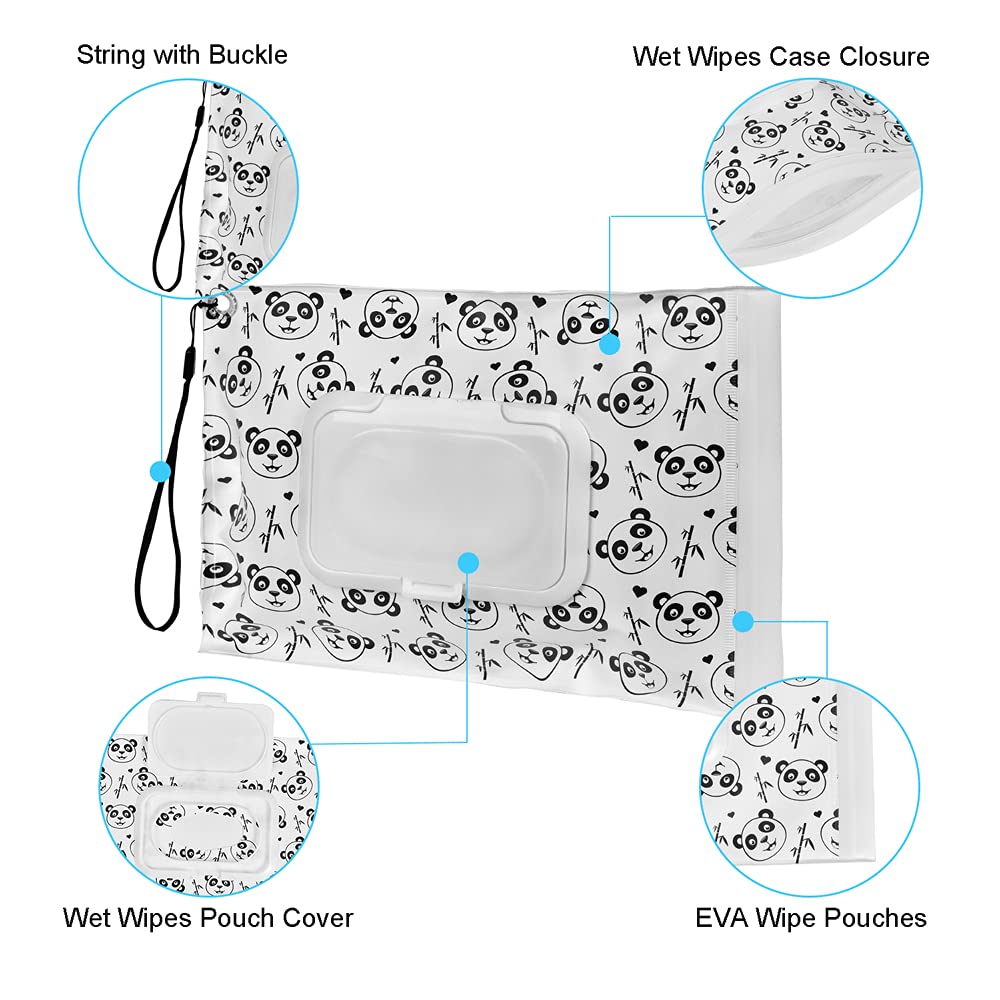 Wipes Dispenser & Pouch/Tissue Bag, Wipes/Tissue Case with Moisture Seal Secure Lid, Non-Slip Rubber Feet & Sealing Design Keeps Wipes Fresh, Dustproof Container (2BN+2Panda)