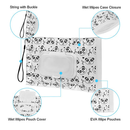 Wipes Dispenser & Pouch/Tissue Bag, Wipes/Tissue Case with Moisture Seal Secure Lid, Non-Slip Rubber Feet & Sealing Design Keeps Wipes Fresh, Dustproof Container (2BN+2Panda)