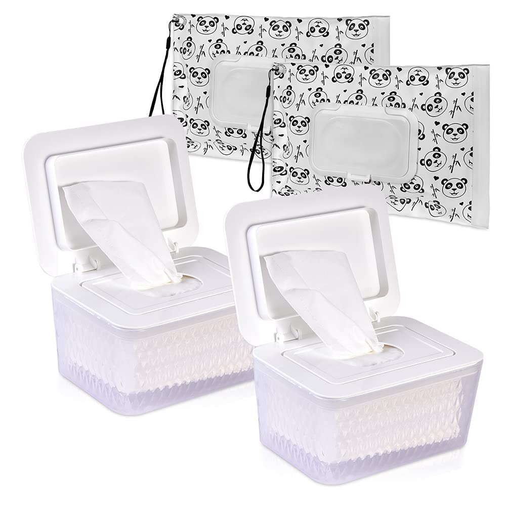 Wipes Dispenser & Pouch/Tissue Bag, Wipes/Tissue Case with Moisture Seal Secure Lid, Non-Slip Rubber Feet & Sealing Design Keeps Wipes Fresh, Dustproof Container (2BN+2Panda)