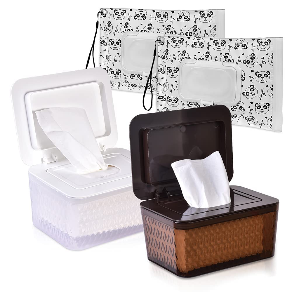 Wipes Dispenser & Pouch/Tissue Bag, Wipes/Tissue Case with Moisture Seal Secure Lid, Non-Slip Rubber Feet & Sealing Design Keeps Wipes Fresh, Dustproof Container (2BN+2Panda)