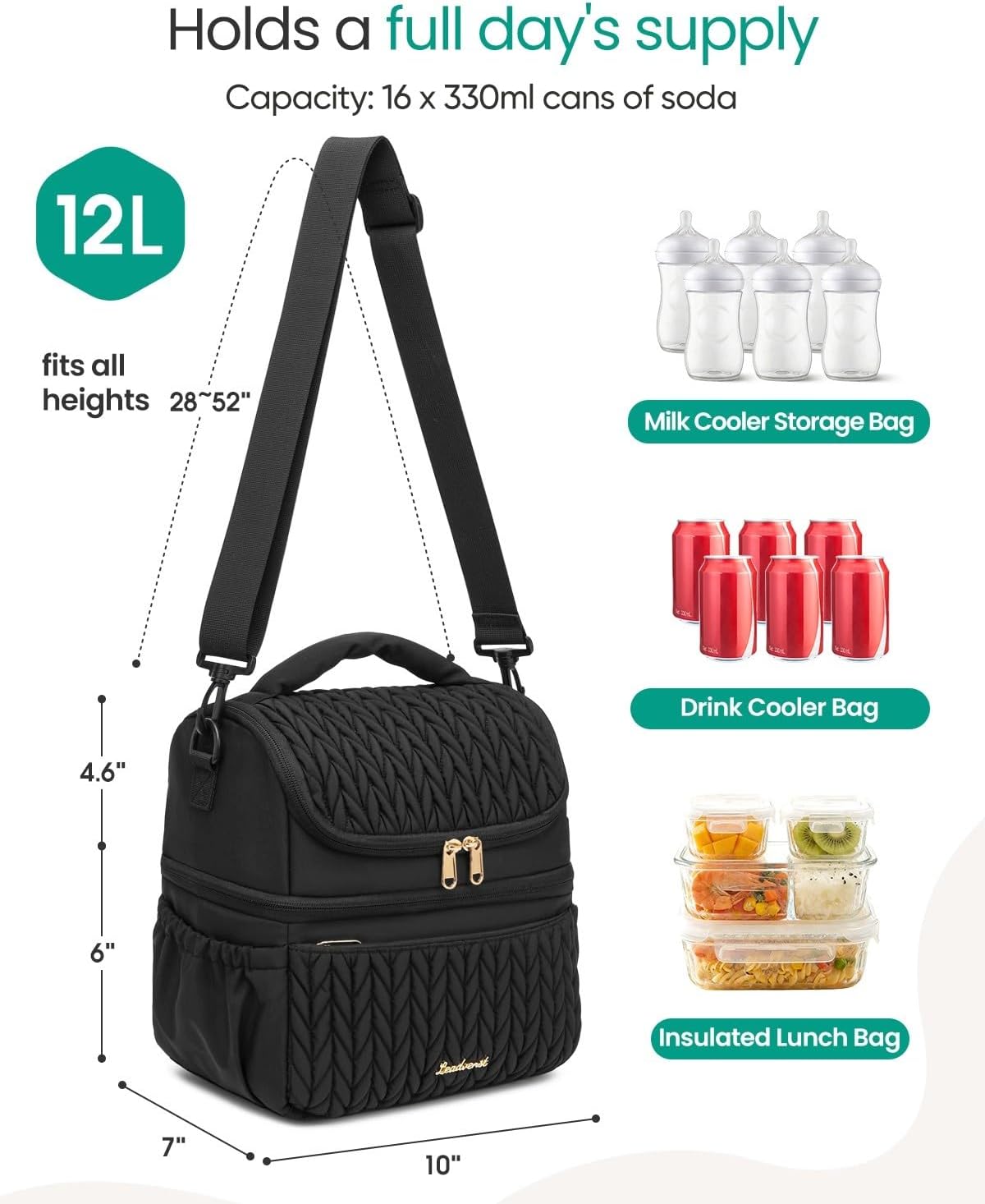 Breastmilk Cooler Bag, 12L Double Deck with Detachable Divider