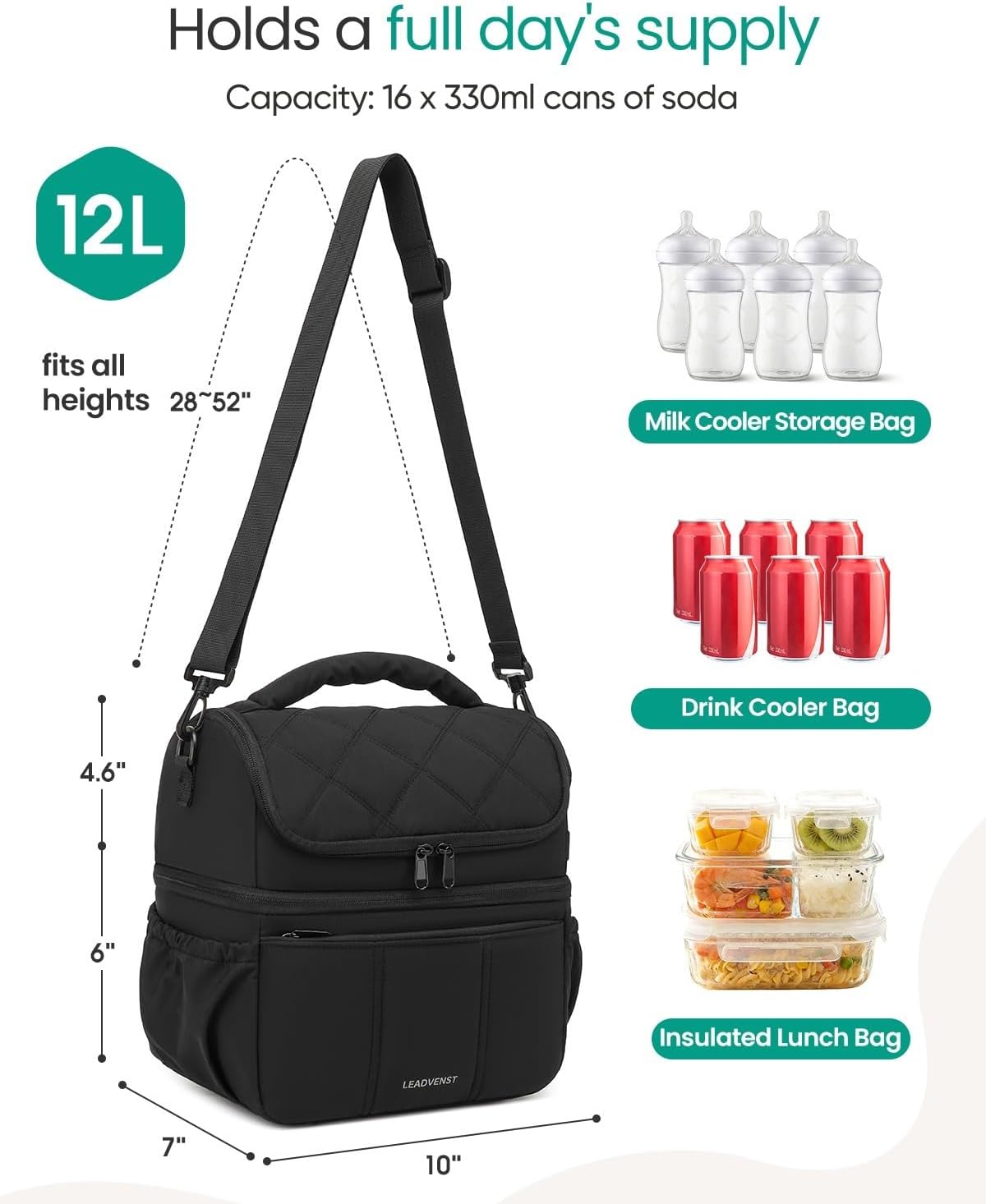 Breastmilk Cooler Bag, 12L Double Deck with Detachable Divider