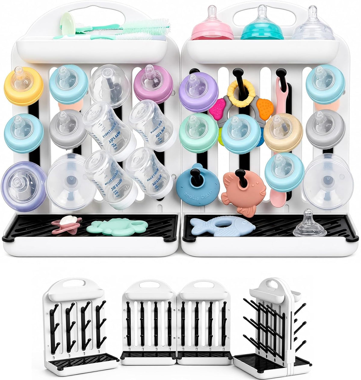 Baby Bottle Drying Rack 2 Pack, 24-Hook Modular Vertical Bottle Drying Rack for Baby Bottles, Pump Parts and Pacifiers, Space Saving Countertop Baby Bottle Organizer with Stable Base and Drip Trays