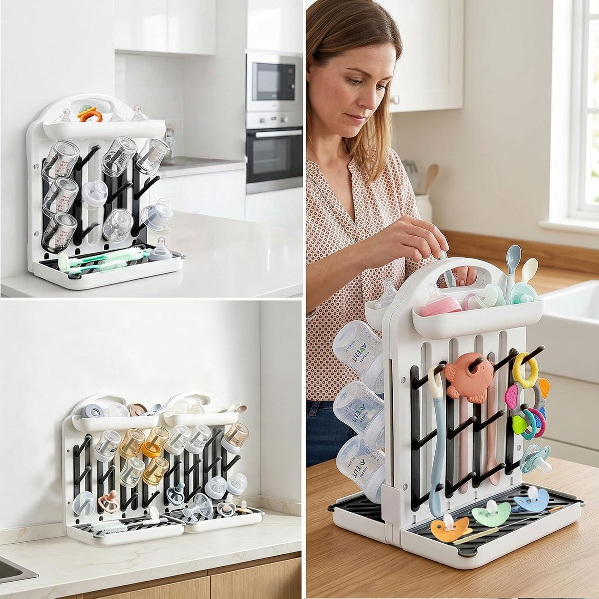 Baby Bottle Drying Rack 2 Pack, 24-Hook Modular Vertical Bottle Drying Rack for Baby Bottles, Pump Parts and Pacifiers, Space Saving Countertop Baby Bottle Organizer with Stable Base and Drip Trays