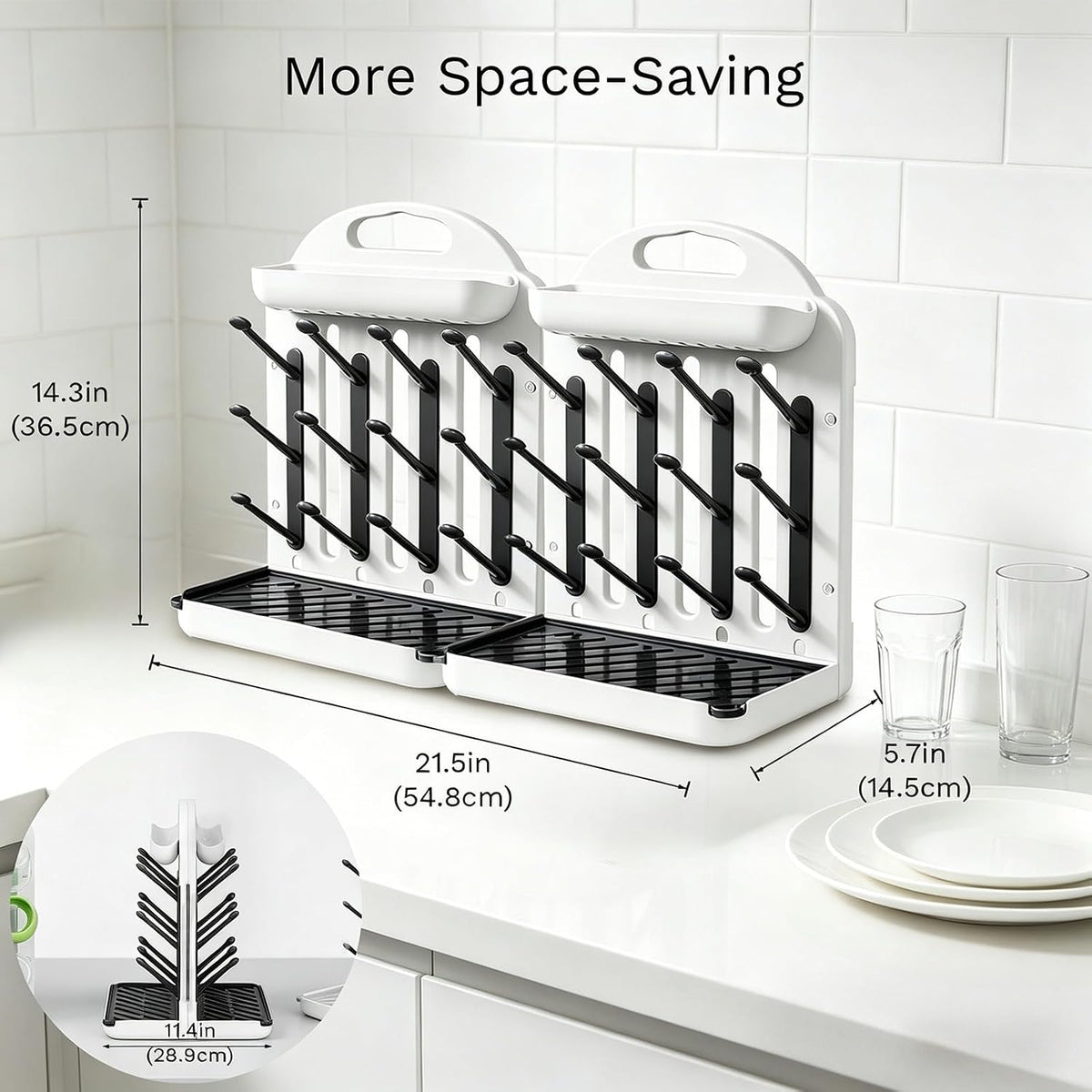Baby Bottle Drying Rack 2 Pack, 24-Hook Modular Vertical Bottle Drying Rack for Baby Bottles, Pump Parts and Pacifiers, Space Saving Countertop Baby Bottle Organizer with Stable Base and Drip Trays