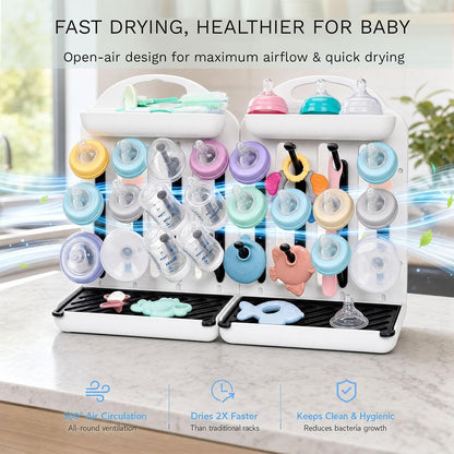 Baby Bottle Drying Rack 2 Pack, 24-Hook Modular Vertical Bottle Drying Rack for Baby Bottles, Pump Parts and Pacifiers, Space Saving Countertop Baby Bottle Organizer with Stable Base and Drip Trays