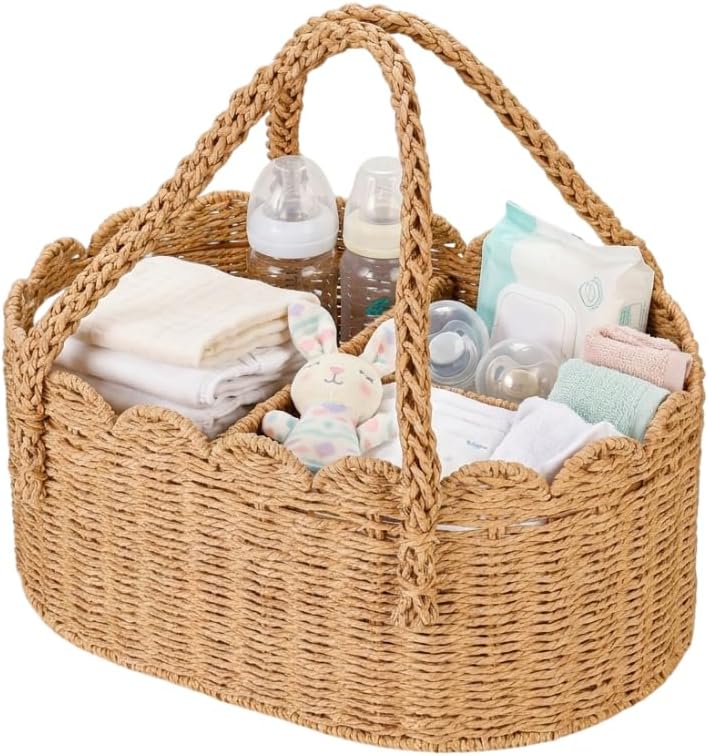 Woven Diaper Caddy for Baby, Paper Rope Storage Bin with Removable Divider, Baby Stuff Organizer for Nursery, Portable Car Storage Basket for Diapers, Baby Shower Gifts, Newborn Essentials Must Haves
