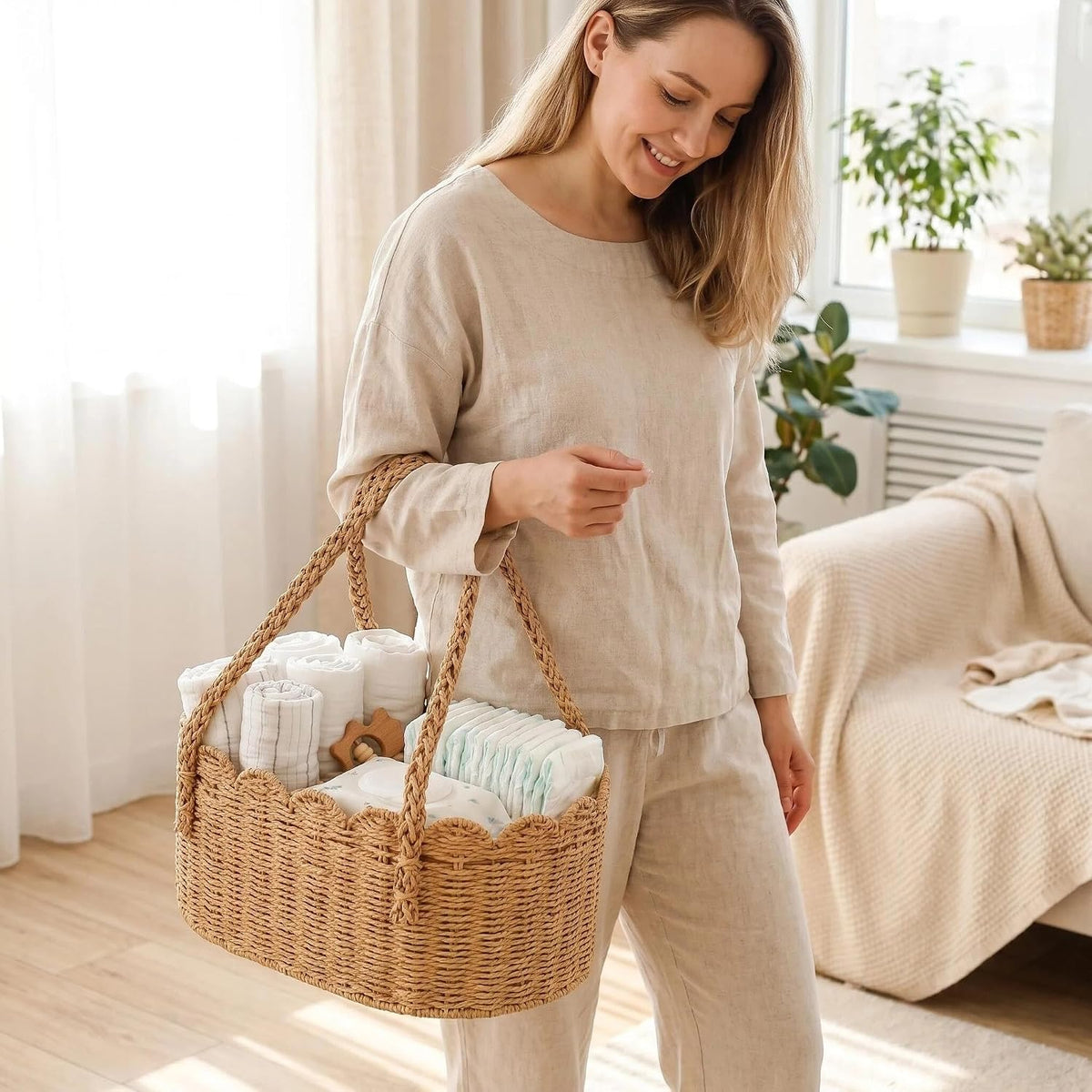 Woven Diaper Caddy for Baby, Paper Rope Storage Bin with Removable Divider, Baby Stuff Organizer for Nursery, Portable Car Storage Basket for Diapers, Baby Shower Gifts, Newborn Essentials Must Haves