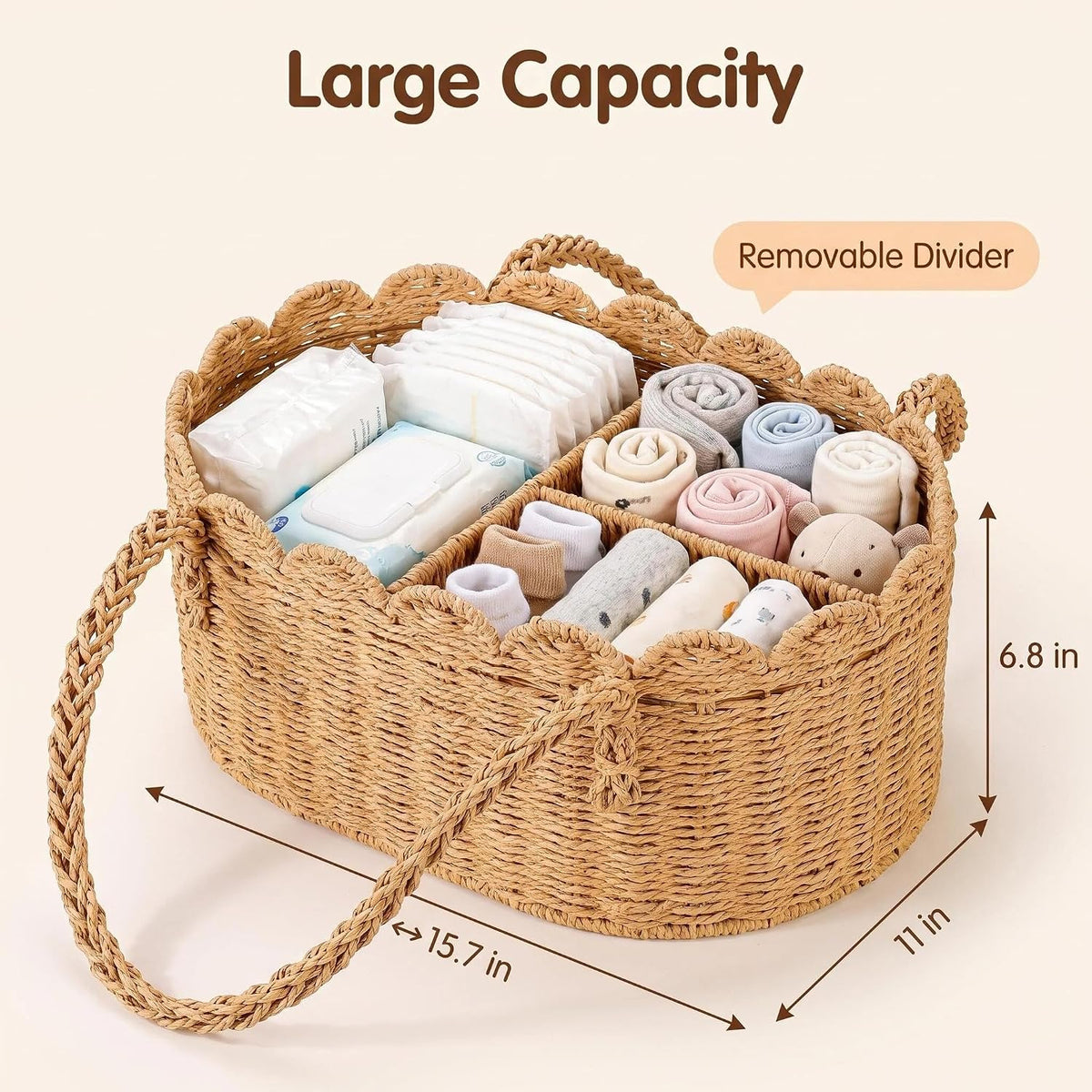 Woven Diaper Caddy for Baby, Paper Rope Storage Bin with Removable Divider, Baby Stuff Organizer for Nursery, Portable Car Storage Basket for Diapers, Baby Shower Gifts, Newborn Essentials Must Haves
