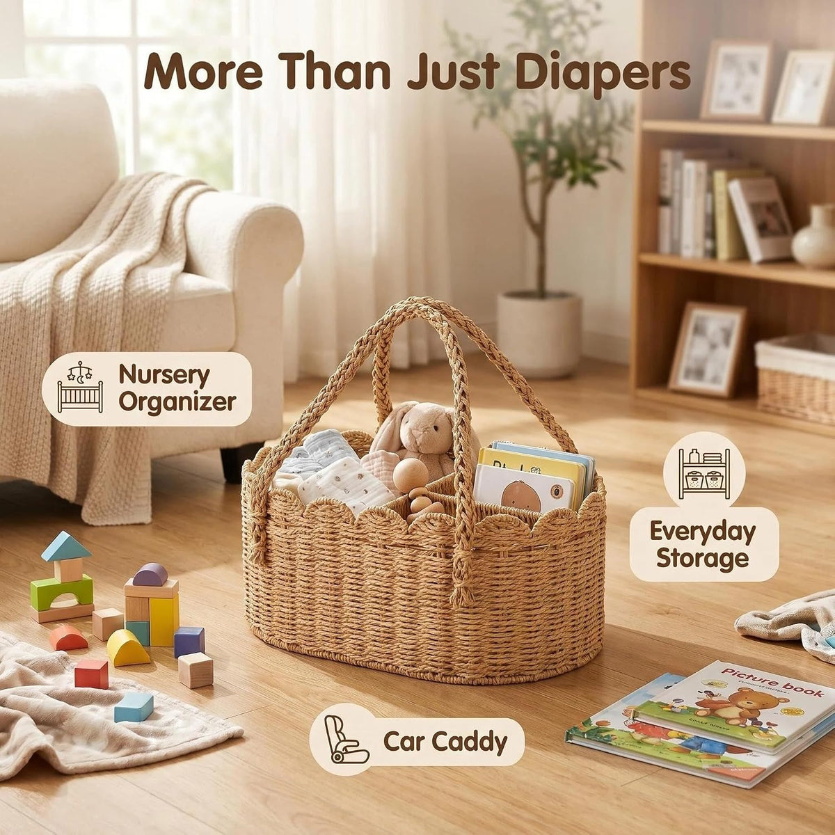 Woven Diaper Caddy for Baby, Paper Rope Storage Bin with Removable Divider, Baby Stuff Organizer for Nursery, Portable Car Storage Basket for Diapers, Baby Shower Gifts, Newborn Essentials Must Haves