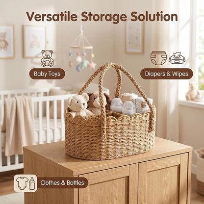 Woven Diaper Caddy for Baby, Paper Rope Storage Bin with Removable Divider, Baby Stuff Organizer for Nursery, Portable Car Storage Basket for Diapers, Baby Shower Gifts, Newborn Essentials Must Haves