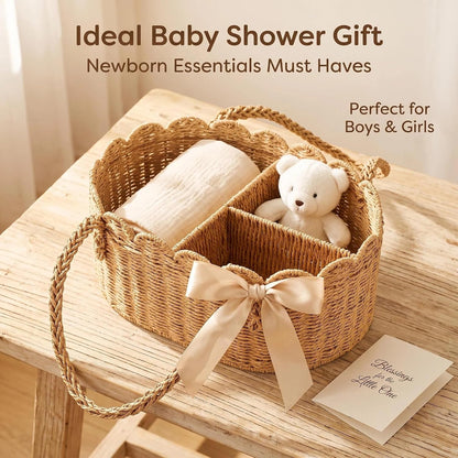Woven Diaper Caddy for Baby, Paper Rope Storage Bin with Removable Divider, Baby Stuff Organizer for Nursery, Portable Car Storage Basket for Diapers, Baby Shower Gifts, Newborn Essentials Must Haves