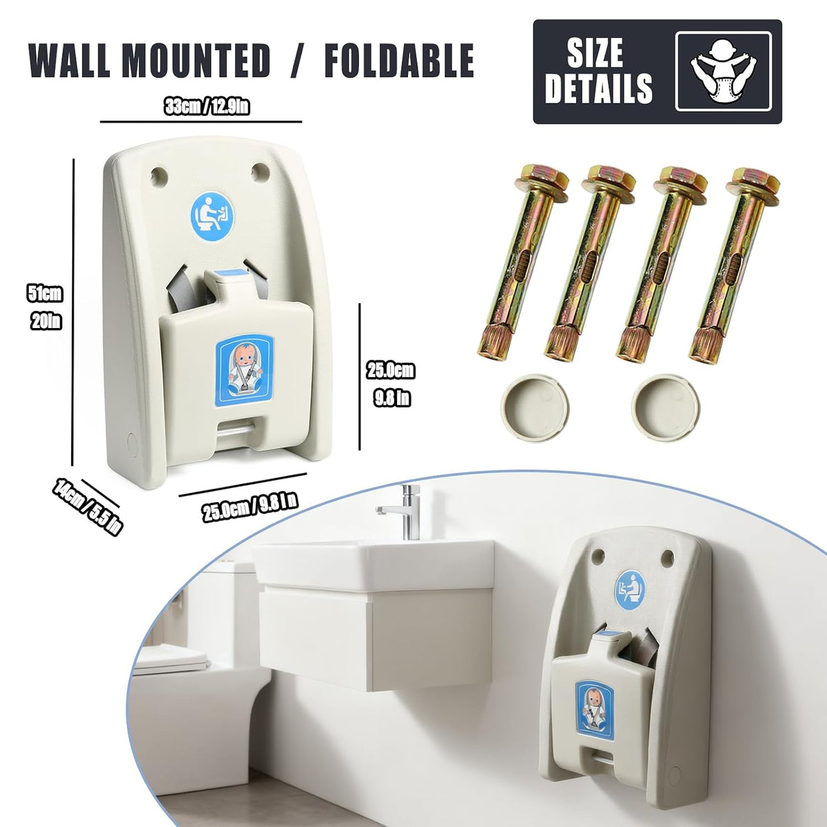 Fold-Down Baby Changing Station - Wall-Mounted, Space-Saving Design with Safety Straps for Commercial & Residential Restrooms (Horizontal Version)