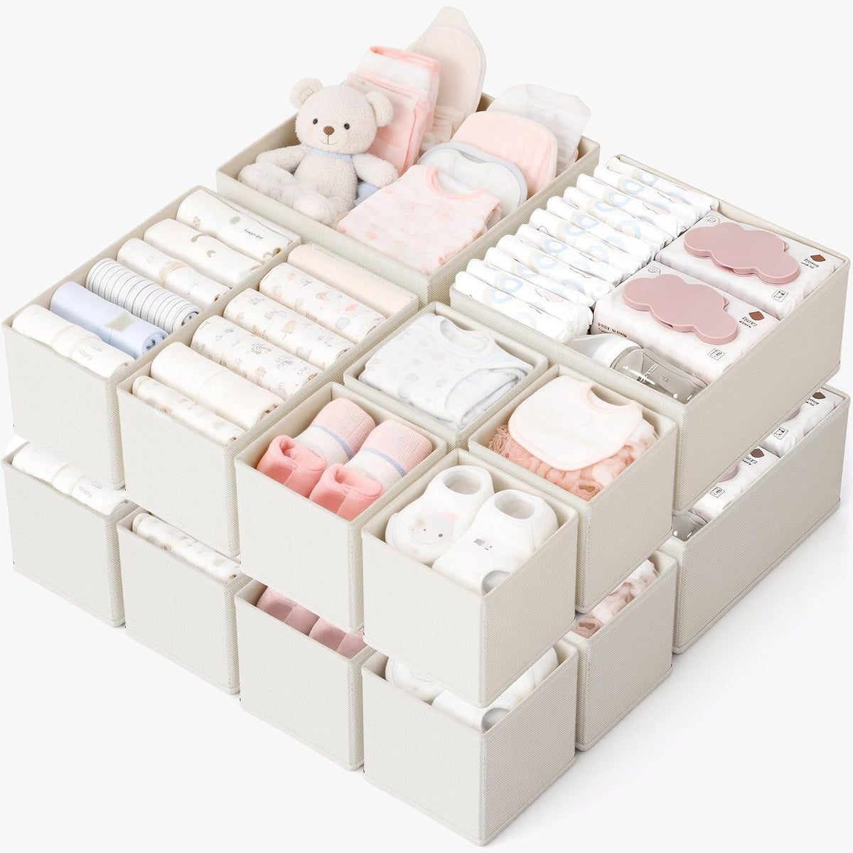 Drawer Organizer, 16 Pack Baby Dresser Organizer for Nursery, Foldable Closet Organizers and Storage Dresser Dividers for Clothes, Socks, Scarves, Ties (Beige)
