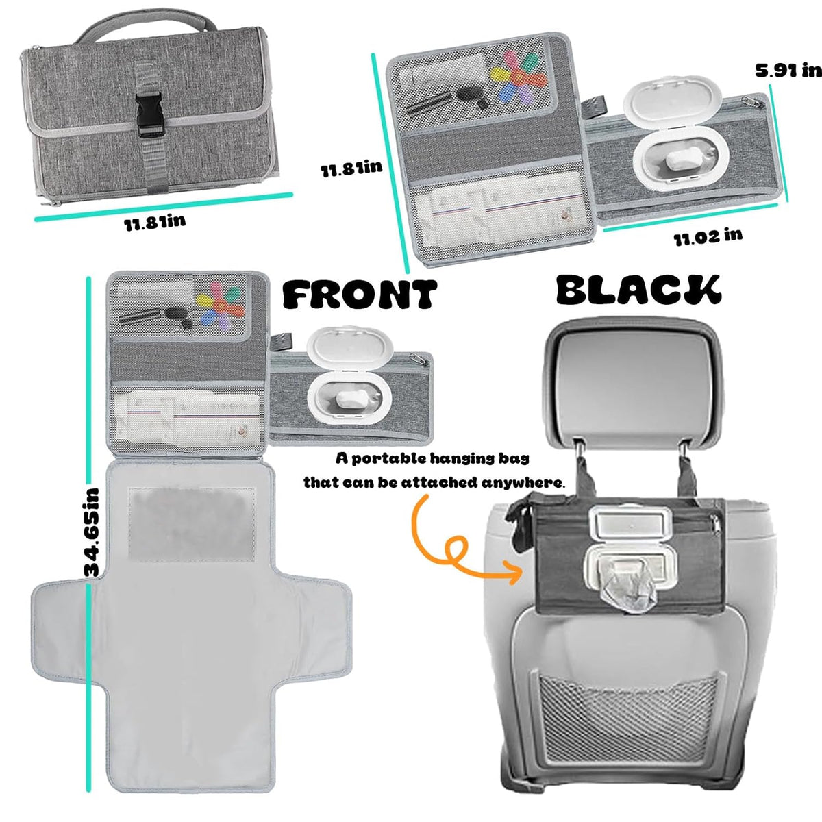 Portable Diaper Changing Pad,Waterproof Foldable Travel Baby Changing Pat Diaper Bag Mat with Wipe Dispenser Pocket & Stroller Straps,Baby Registry Must Haves,New Born Baby Boy Girls Essentials Gift