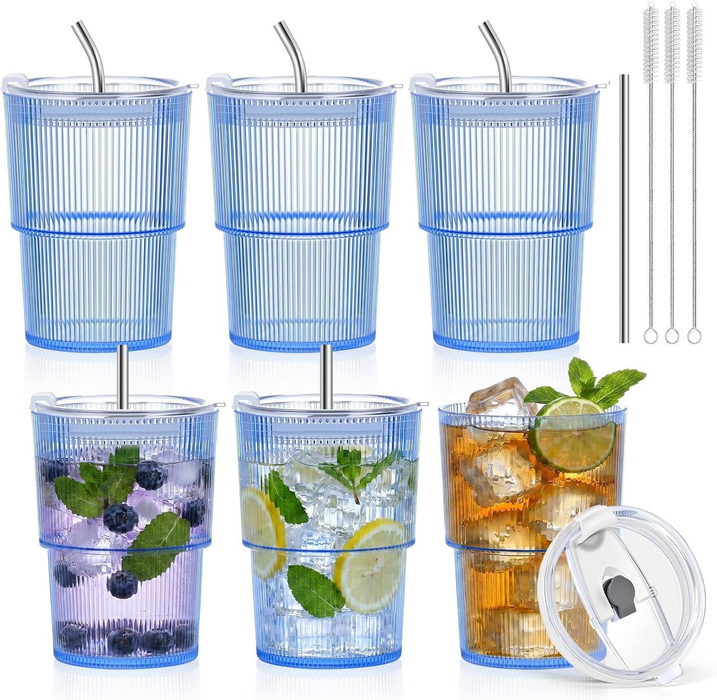 6 Pcs 20oz Plastic Ribbed Tumblers with Lid and Straws Green Plastic Reusable Iced Coffee Cups with Lid Unbreakable Vintage Ribbed Drinking Glasses Tumbler for Juice Smoothie Beverage with Clean Brush