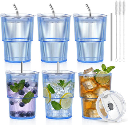 6 Pcs 20oz Plastic Ribbed Tumblers with Lid and Straws Green Plastic Reusable Iced Coffee Cups with Lid Unbreakable Vintage Ribbed Drinking Glasses Tumbler for Juice Smoothie Beverage with Clean Brush