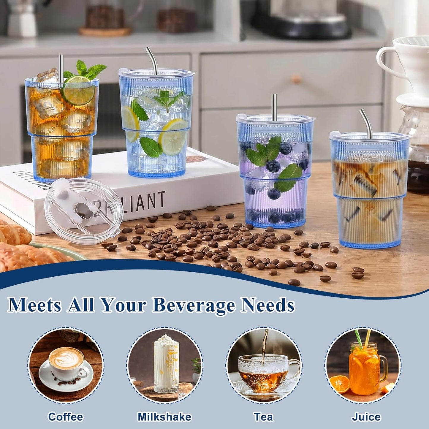 6 Pcs 20oz Plastic Ribbed Tumblers with Lid and Straws Green Plastic Reusable Iced Coffee Cups with Lid Unbreakable Vintage Ribbed Drinking Glasses Tumbler for Juice Smoothie Beverage with Clean Brush