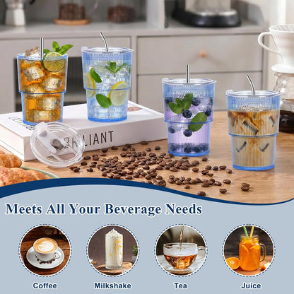 6 Pcs 20oz Plastic Ribbed Tumblers with Lid and Straws Green Plastic Reusable Iced Coffee Cups with Lid Unbreakable Vintage Ribbed Drinking Glasses Tumbler for Juice Smoothie Beverage with Clean Brush
