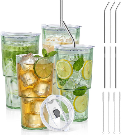 6 Pcs 20oz Plastic Ribbed Tumblers with Lid and Straws Green Plastic Reusable Iced Coffee Cups with Lid Unbreakable Vintage Ribbed Drinking Glasses Tumbler for Juice Smoothie Beverage with Clean Brush